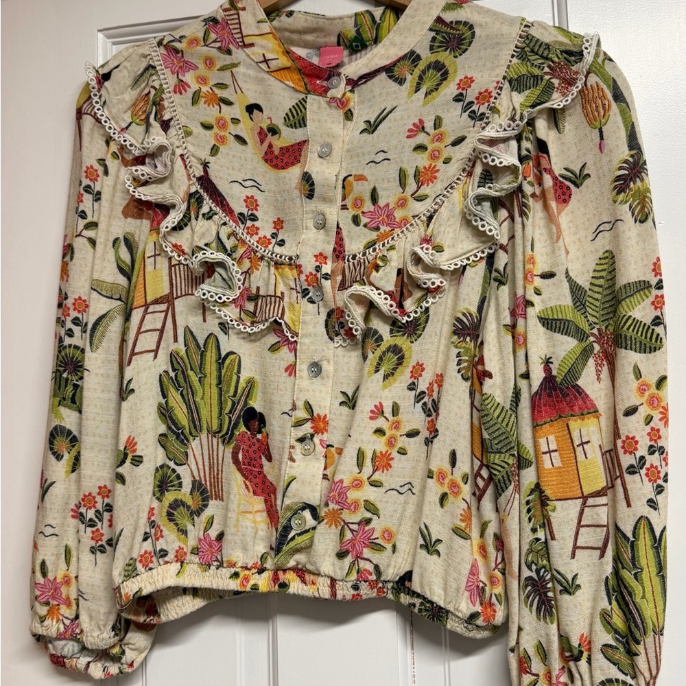 FARM Rio Cream Tropical Print Ruffle Blouse